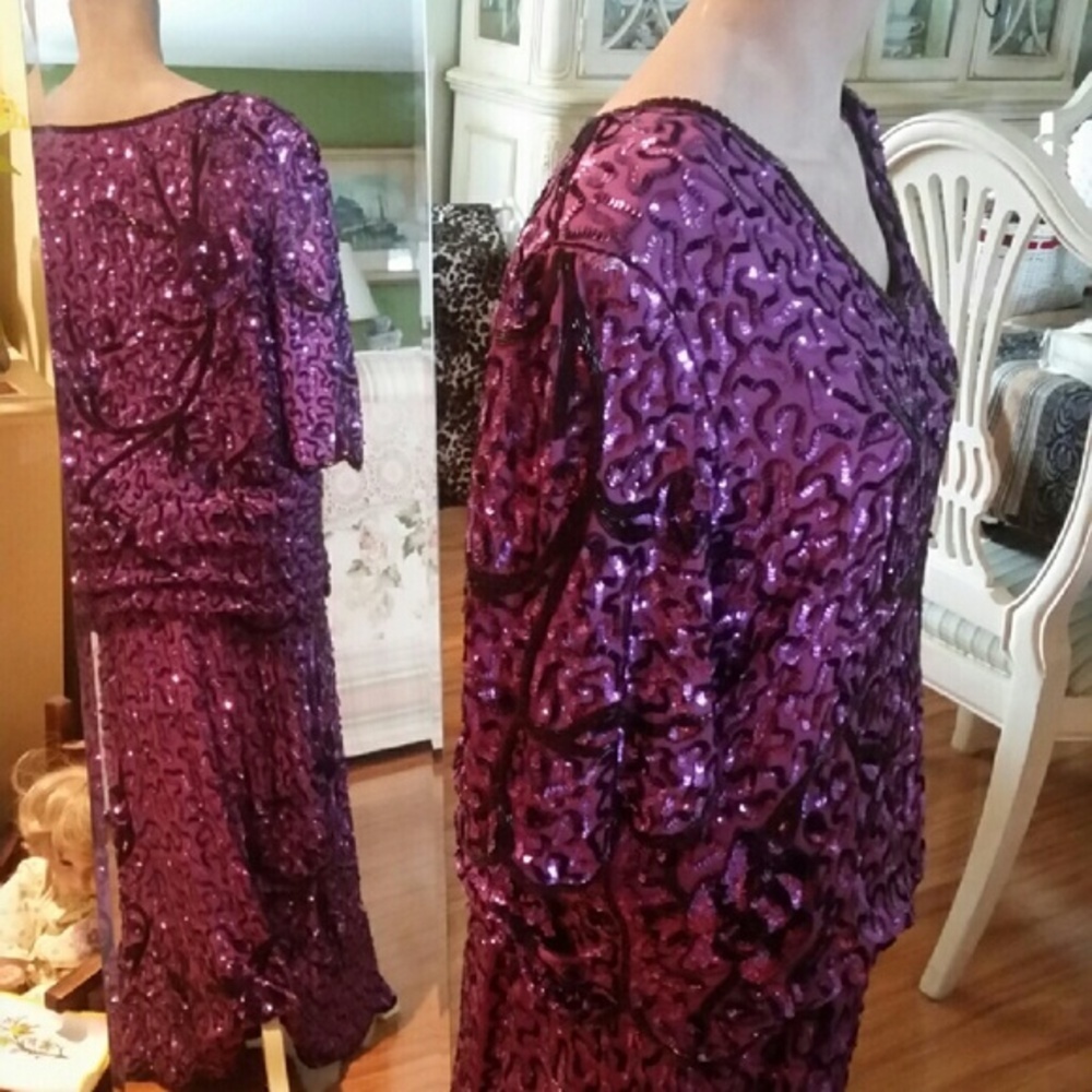 Purple Beaded Sheer sequin 2pc Top And Skirt - Picture 3 of 17